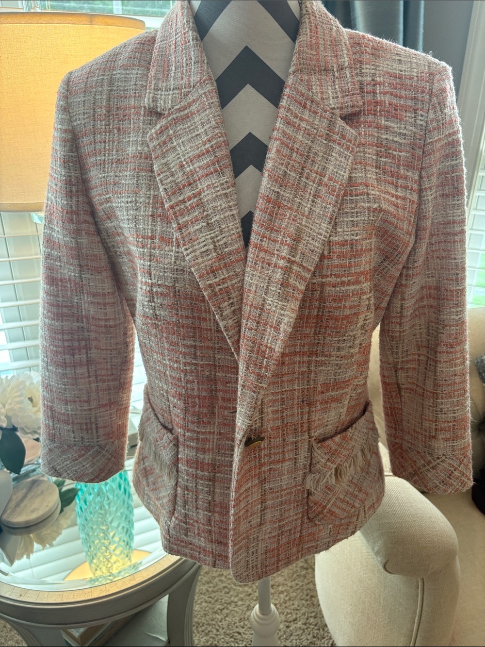 Cache Pink and Cream Tweed Blazer with Fringe Pocket Trim